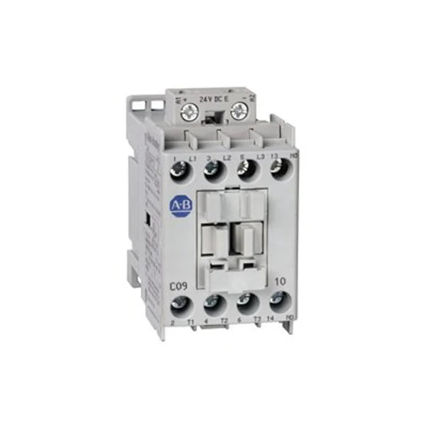Allen-Bradley 100-C09KJ01 IEC contactor with 9A rating, screw terminals, and 24V control voltage (50/60Hz)
