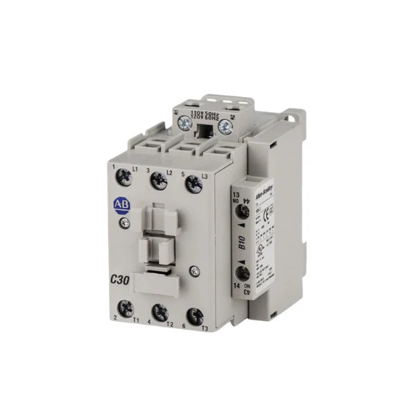 Allen-Bradley 100-C30D10 circuit breaker, 3-pole, 30A rated, designed for harsh environments with 10kA interrupt rating.