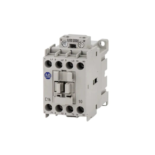 Allen-Bradley IEC contactor 100-C16D10 with screw terminals, 16A, N.O. auxiliary contact for various applications.