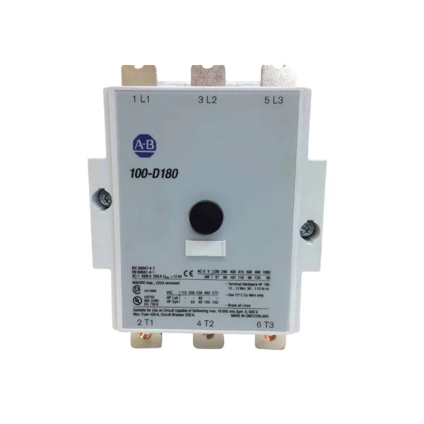 Allen-Bradley 100-D180D11, a 3-pole, 180A contactor for industrial motor control, ready for shipment.