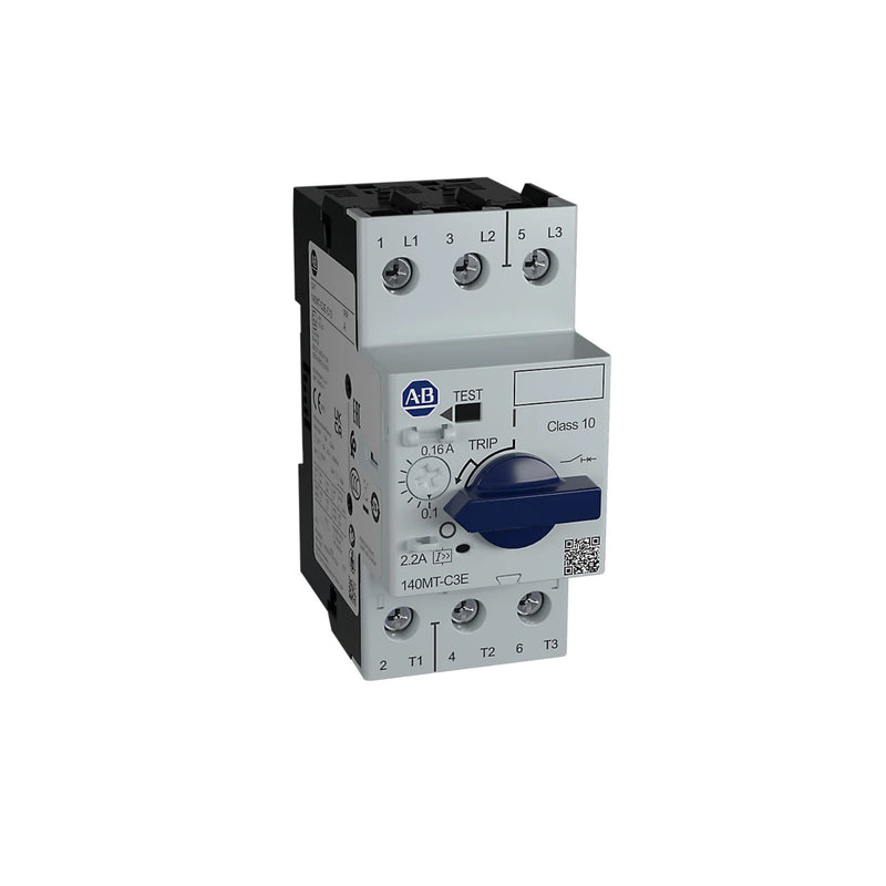 Allen-Bradley 140MT-C3E-B10 MPCB with adjustable thermal range, Trip Class 10, for industrial motor protection applications.