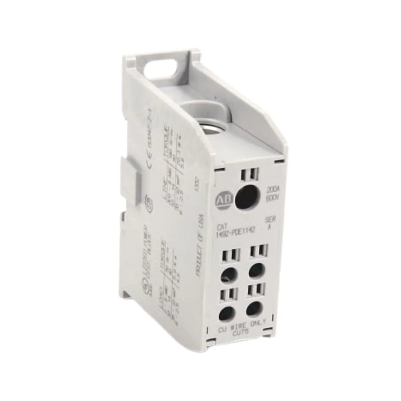 Allen-Bradley 1492-PDE1142 distribution block with aluminum construction, 200A-255A rating, 1-pole and multiple connections.