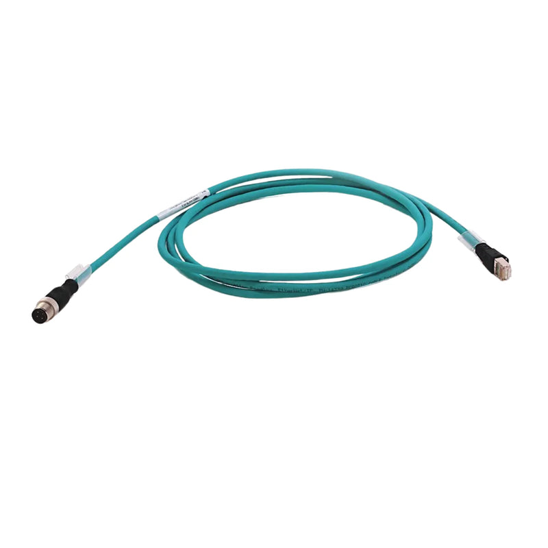 Allen-Bradley 1585D-M4TBJM-2 Ethernet Cable, 2m long, M12 to RJ45 connectors, teal TPE jacket, ideal for industrial use.