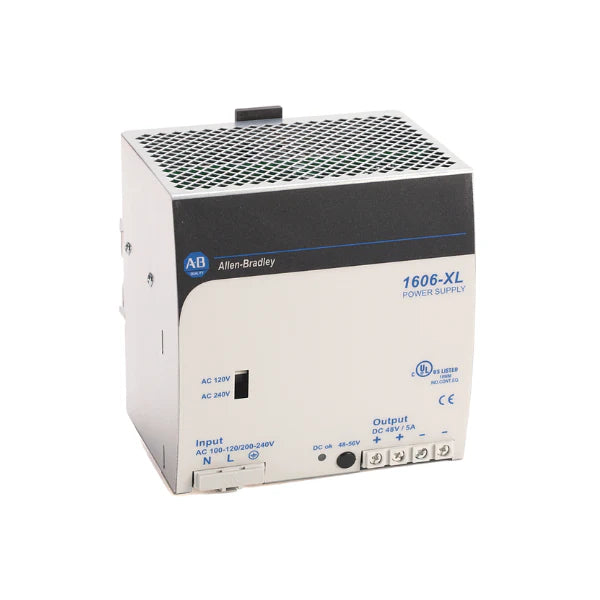 Allen-Bradley 1606-XL240E power supply, 24V DC, 240W, efficient for industrial automation systems.