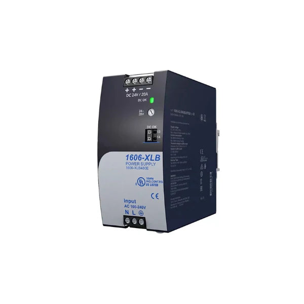 Allen-Bradley 1606-XLB480E power supply for industrial applications, providing 480W and adjustable 24-28V DC output.
