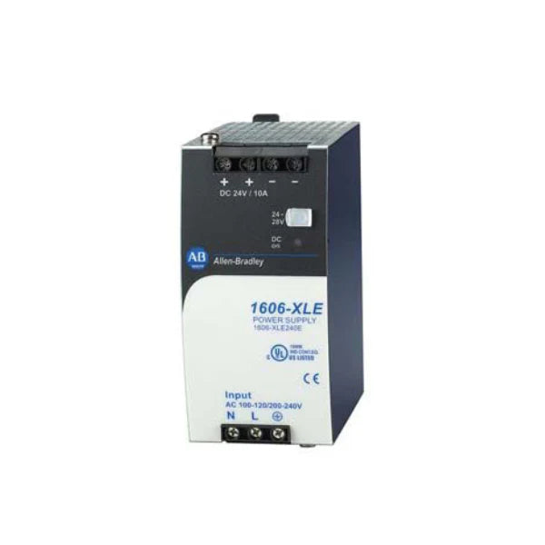 Allen-Bradley 1606-XLE240E power supply, 24V DC, 10A, 240W, designed for industrial applications with DIN rail mounting.