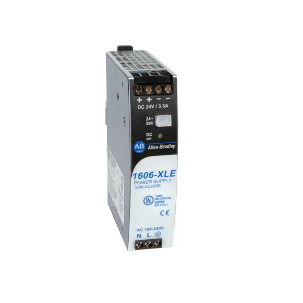 80W DIN rail power supply, 24V DC output, compact XLE series for industrial control applications.