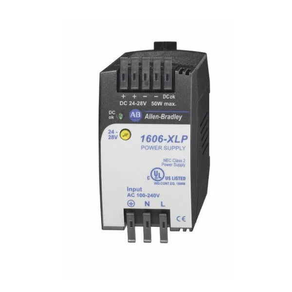 Allen-Bradley 1606-XLP50E power supply, 24-28V DC output, 50W, versatile input range, compact size ideal for panels.