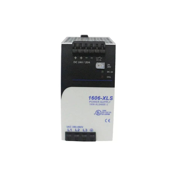 Allen-Bradley power supply 1606-XLS480E-3 with 480W output, 24V DC, and high efficiency for industrial automation.