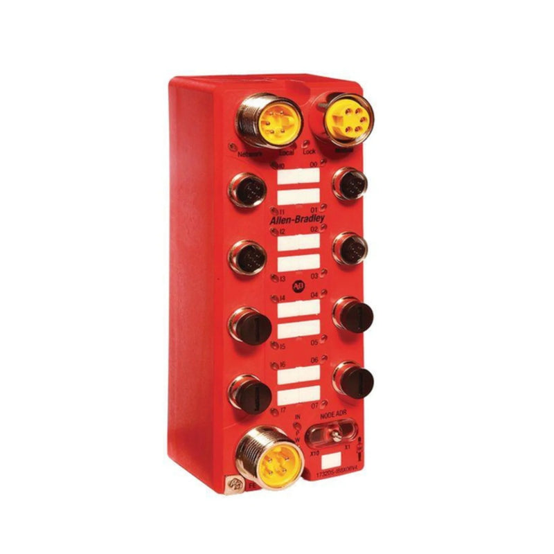 Allen-Bradley 1732DS-IB8XOBV4 module with 8 safety inputs, 4 outputs, DeviceNet ready, M12/MINI connectors, IP67 rated