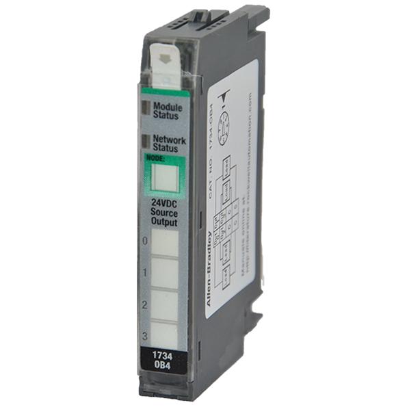 Allen-Bradley 1734-OB4 digital output module with 24V DC sourcing, compact for distributed systems.
