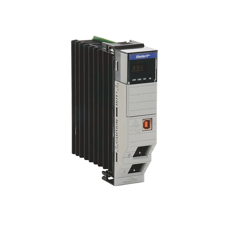 Allen-Bradley 1756-EN4TR module with dual-port EtherNet/IP, supporting 512 connections and 256 motion axes for systems.