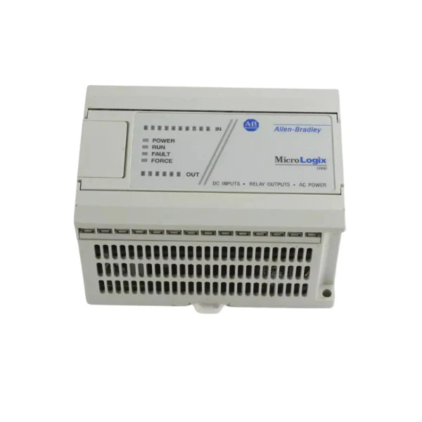 Allen-Bradley 1761-L16BWA controller with 16 I/O points for simple automation tasks, powered by AC.