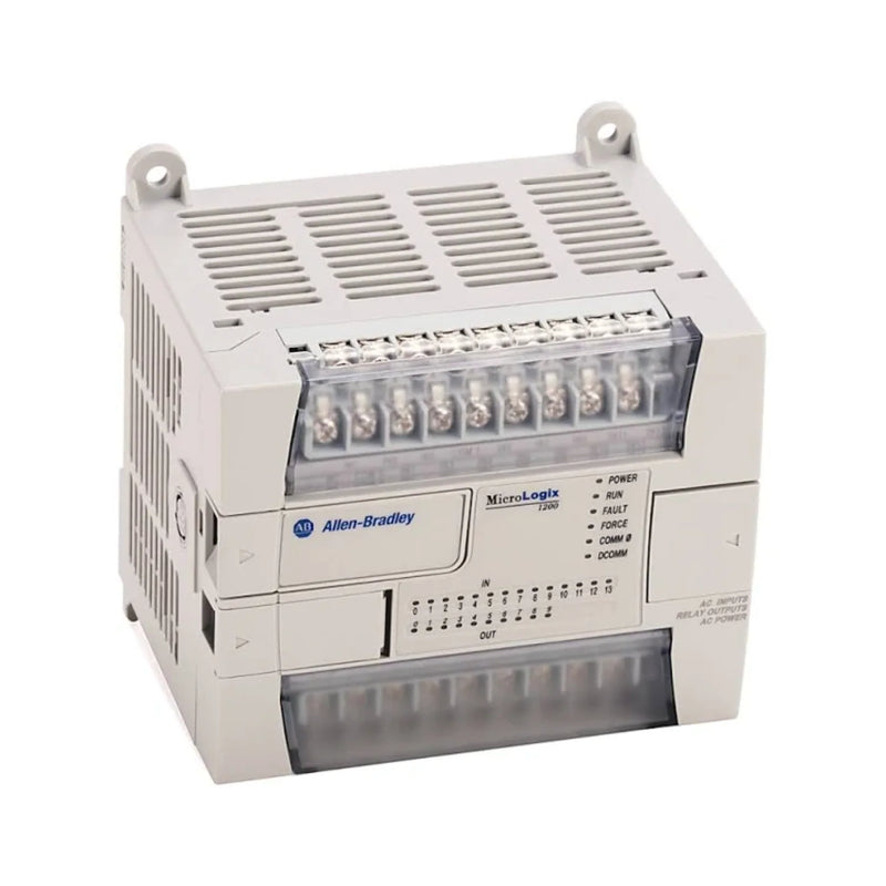 Compact Allen-Bradley PLC, model 1762-L24BXBR, featuring 24 I/O points, DC power, and relay outputs