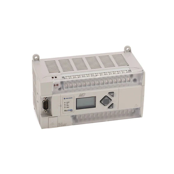 Allen-Bradley 1766-L32AWAA Controller, 20 digital inputs, 12 relay outputs, 4 analog inputs, 2 outputs, 110/240V AC power.