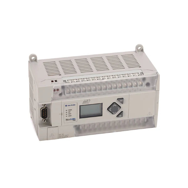 Allen-Bradley PLC with 20 AC inputs, 12 relay outputs, 120/240V AC, Ethernet, and LCD.