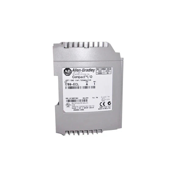 Allen-Bradley 1769-ECL end cap for 1769 I/O bus. Ensures communication bus integrity in CompactLogix systems.