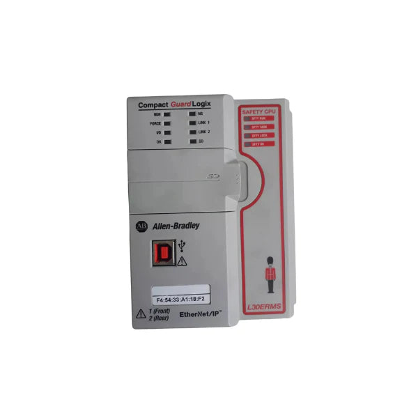 Allen-Bradley 1769-L30ERMS controller with dual Ethernet ports and integrated safety functionality.