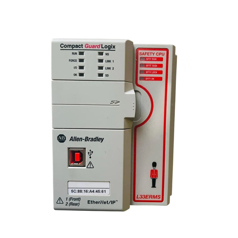 Compact Allen-Bradley 1769-L37ERMS controller with safety memory, CIP motion, 1GB SD card included.