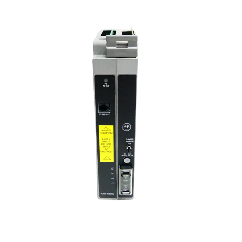 Allen-Bradley 1771-P5E, 8A 24V DC power supply for 1771 chassis with EMI enhancement and single-slot design.