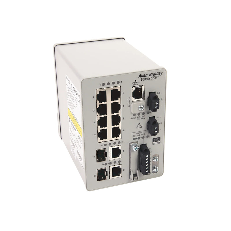 Allen-Bradley 1783-BMS10CGP managed Ethernet switch with 10 ports for industrial network connectivity and reliability.