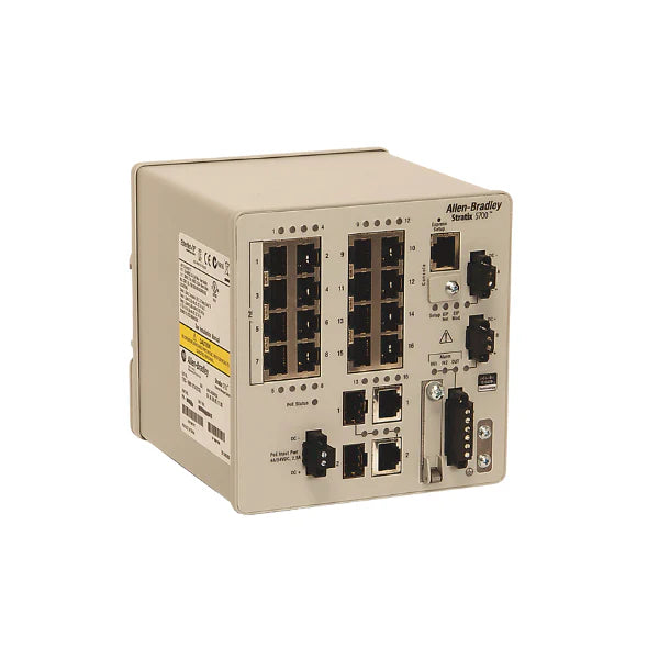 Allen-Bradley 1783-BMS12T4E2CGNK switch with PoE, advanced management, and robust design for industrial use.