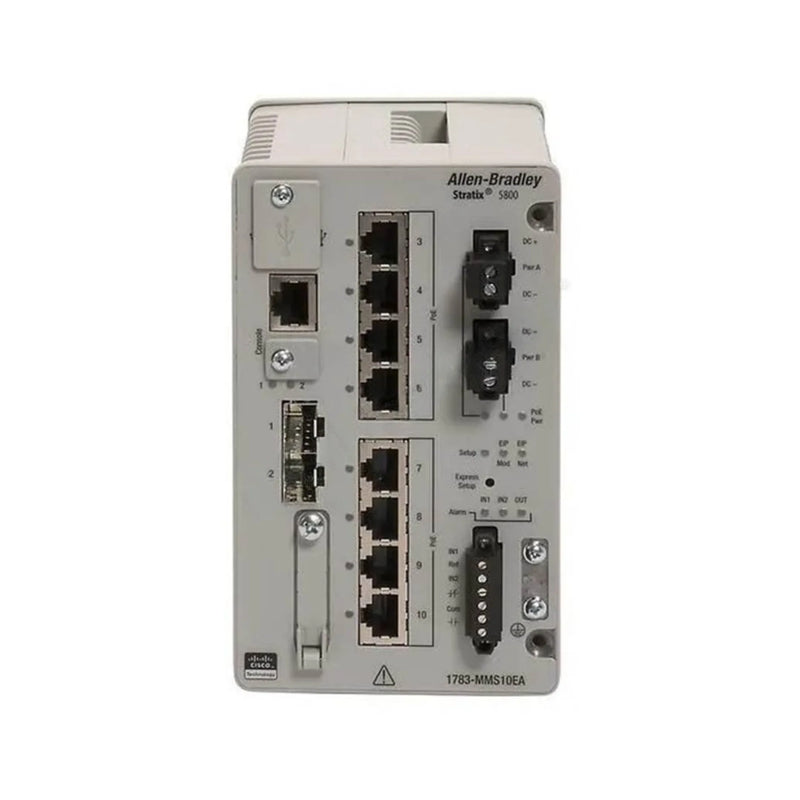 Allen-Bradley 1783-MMS10EA Stratix switch, 8 PoE ports, 2 SFP slots, Layer 2 advanced features