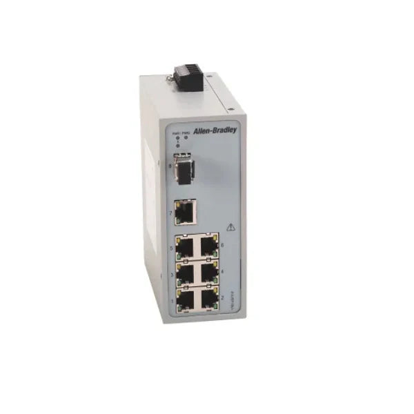 Allen-Bradley 1783-US7T1F switch with 7 RJ45 ports and 1 fiber port for DIN rail mount. Stratix 2000 series.
