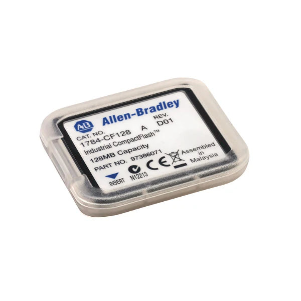 Allen-Bradley 1784-CF128, 128MB card for ControlLogix 556x controllers, ensures operation at 0–60°C.