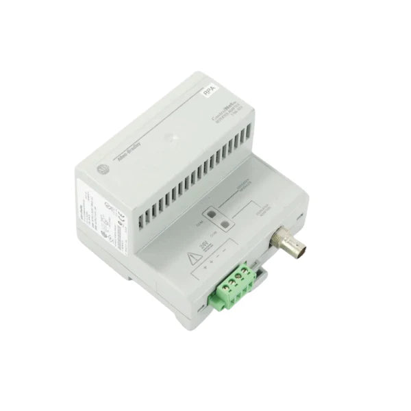 Repeater adapter for ControlNet, DIN rail mount, supports coaxial and fiber for scalable industrial networks.