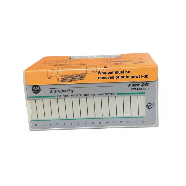 Allen-Bradley 1794-OB16P module features 16 digital outputs, compact design and electronic fusing for industrial use.