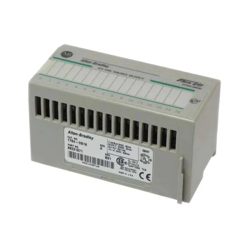 Allen-Bradley 1794-OB16 module with 16 digital outputs, 24V DC, compact design for automation systems.