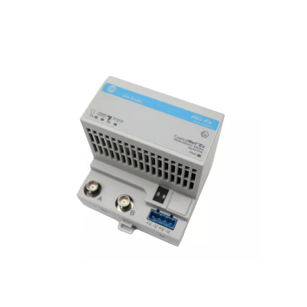 Close-up of 1797-ACNR15 device with metal casing, ideal for integration in automation systems