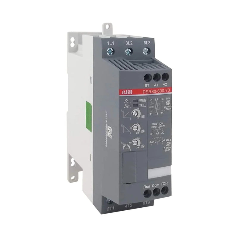 ABB PSR30-600-70 softstarter rated at 30 A, 208–600 V AC, two-phase control and bypass, compact design for starting motors.