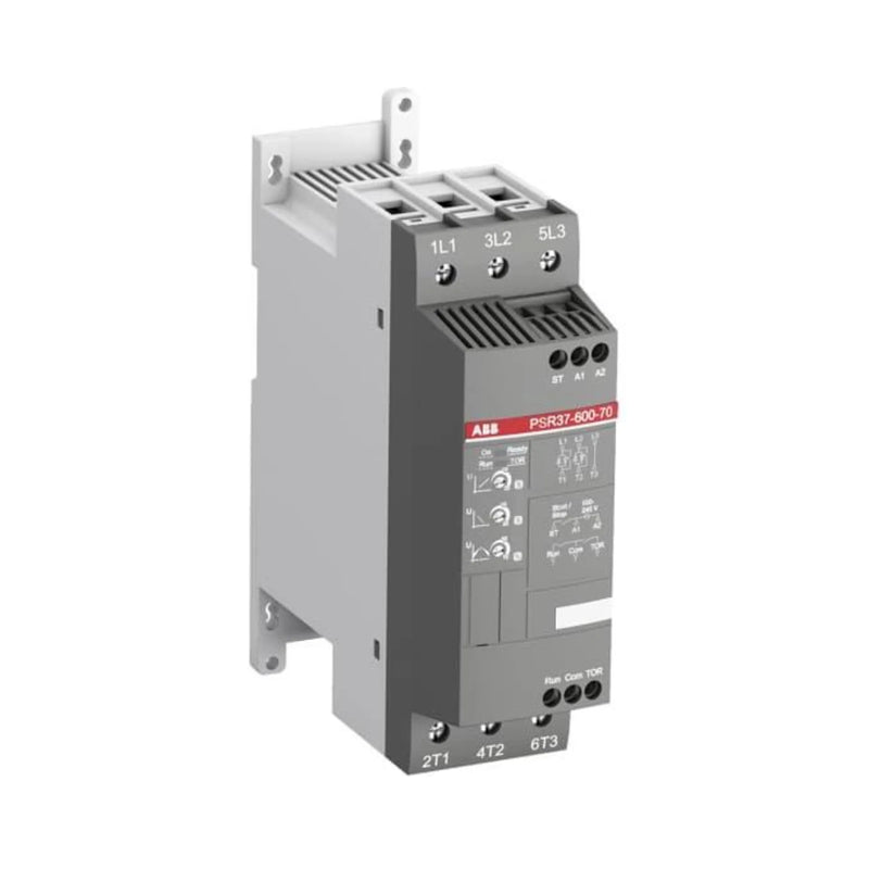 ABB PSR37-600-70 softstarter, 37 A, 208–600 V AC, bypass, two-phase control, adjustable ramps for motors.