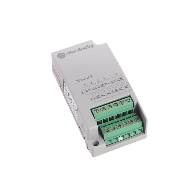 Allen-Bradley 2080-IF2 module for Micro830 PLC, with dual non-isolated channels and straightforward installation.