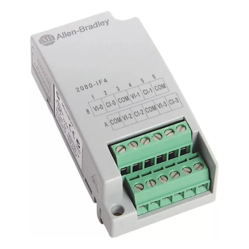 Allen-Bradley 2080-IF4 Micro800 analog module, 4 inputs, supports voltage or current signals for compact automation.