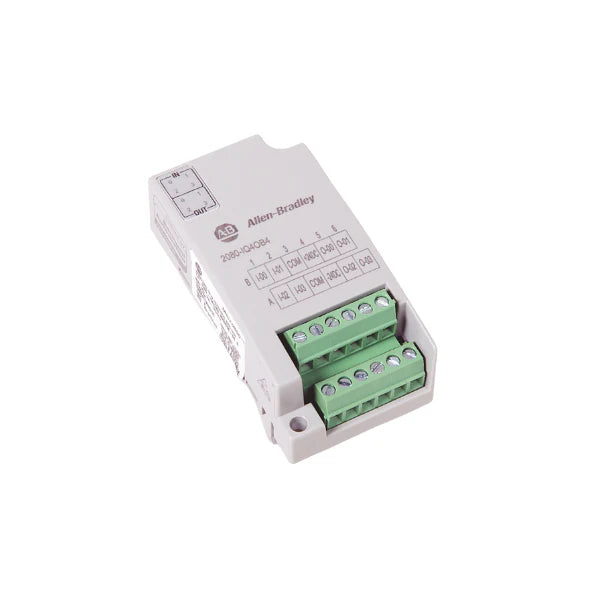 Allen-Bradley 2080-IQ4OB4 module for Micro800 PLCs, with versatile digital inputs and outputs.