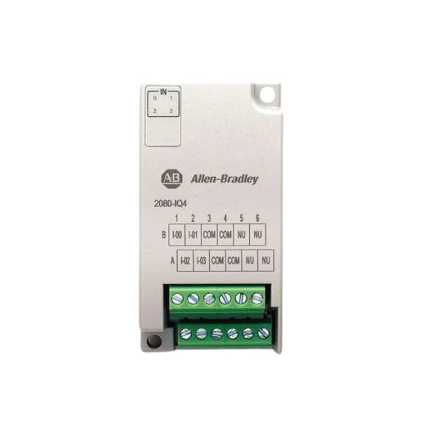 Allen-Bradley 2080-IQ4 module with 4 inputs, 24V DC for expanding Micro800 PLC control systems efficiently.