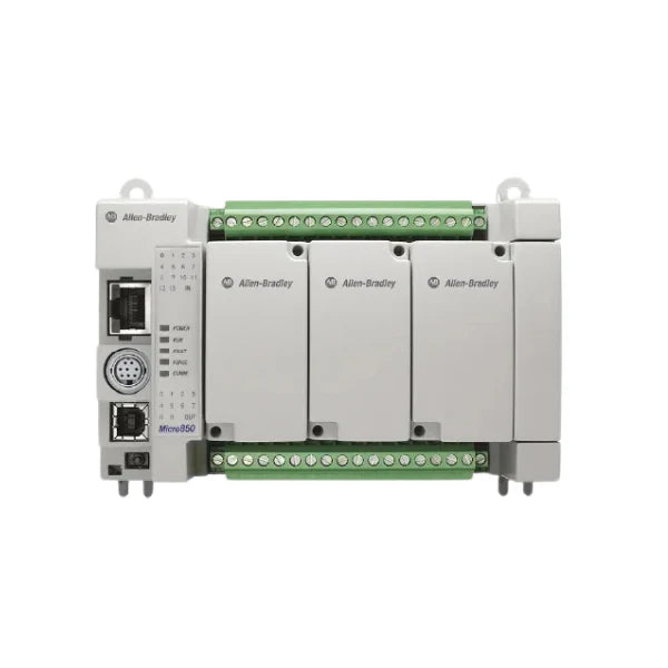 Micro850 PLC controller, 50 I/O, 24V DC, Ethernet, with digital and analog inputs and outputs.
