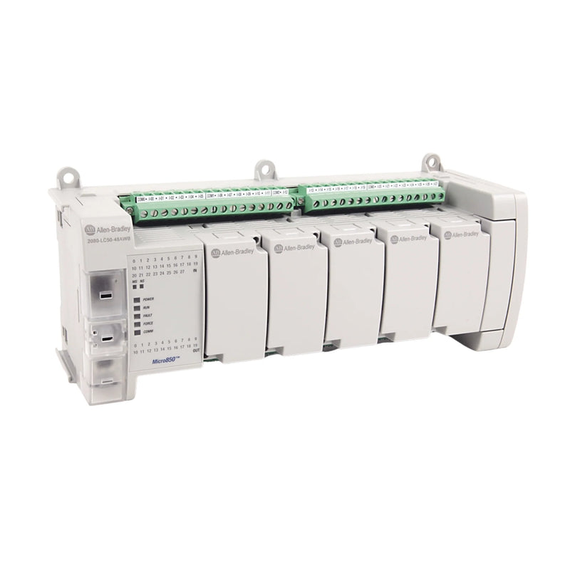 Micro850 PLC by Allen-Bradley, with 28 inputs and 20 outputs, featuring conformal coating for harsh environments