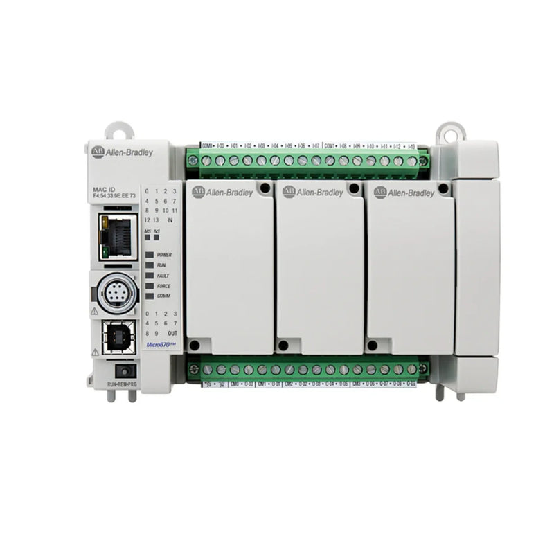 Allen-Bradley 2080-L70E-24AWB Micro870 PLC with AC inputs, relay outputs, DC power, and Ethernet capabilities