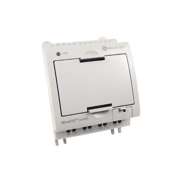 Compact Allen-Bradley 2080-LC10-12AWA PLC with 12 I/O and AC power for small-scale automation, featuring an LCD display.
