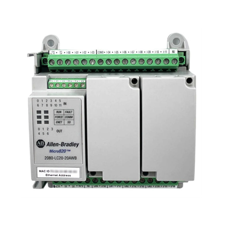 Allen-Bradley 2080-LC20-20AWBR Micro820 PLC, features 8 AC inputs, relay outputs, analog I/O, Ethernet