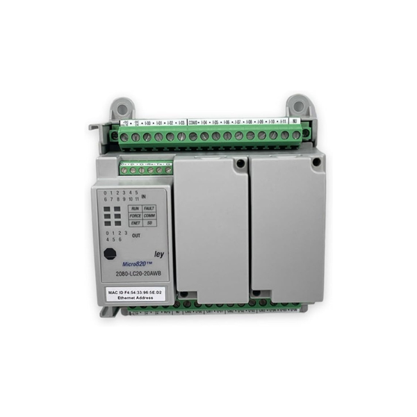 Allen-Bradley Micro820 PLC with 20 I/O points, analog inputs, and compact design for efficient industrial automation.