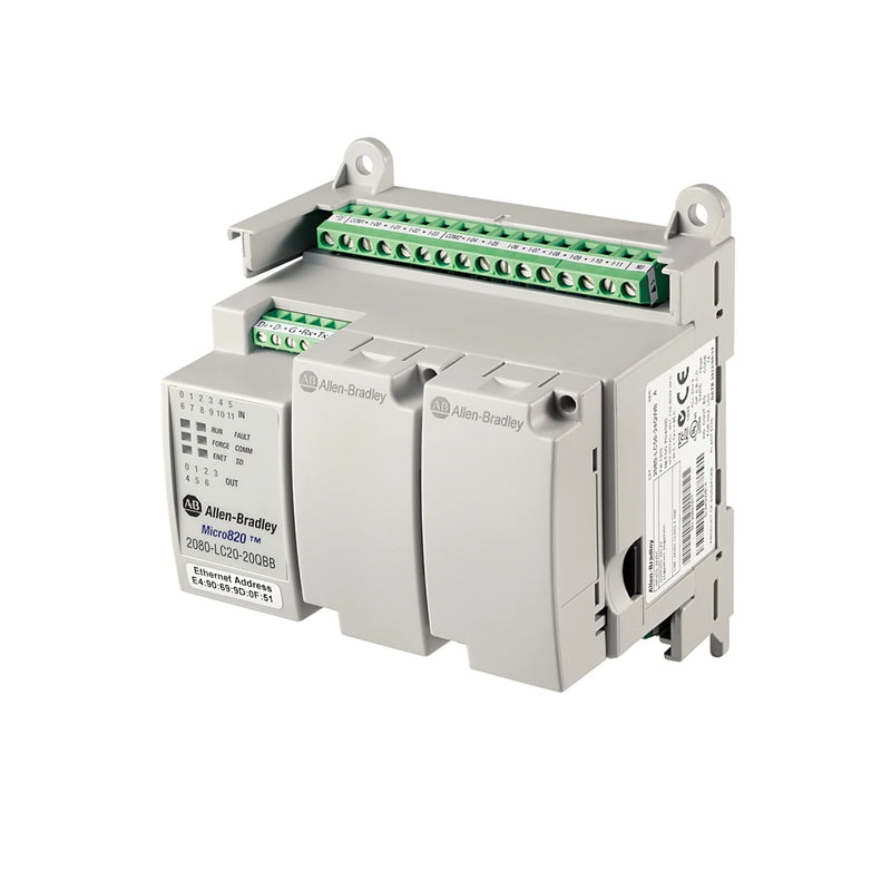 Compact Allen-Bradley 2080-LC20-20QBBK PLC with 12 inputs, 7 outputs, Ethernet, analog capabilities