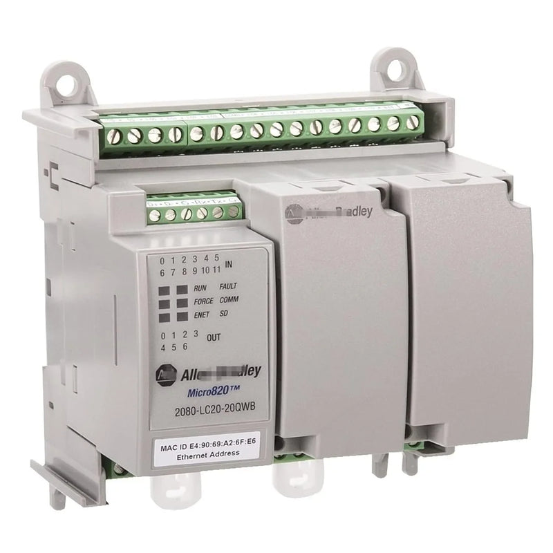 Allen-Bradley Micro820 PLC with 20 I/O, 24V DC, relay outputs, analog inputs, Ethernet port, and microSD slot.