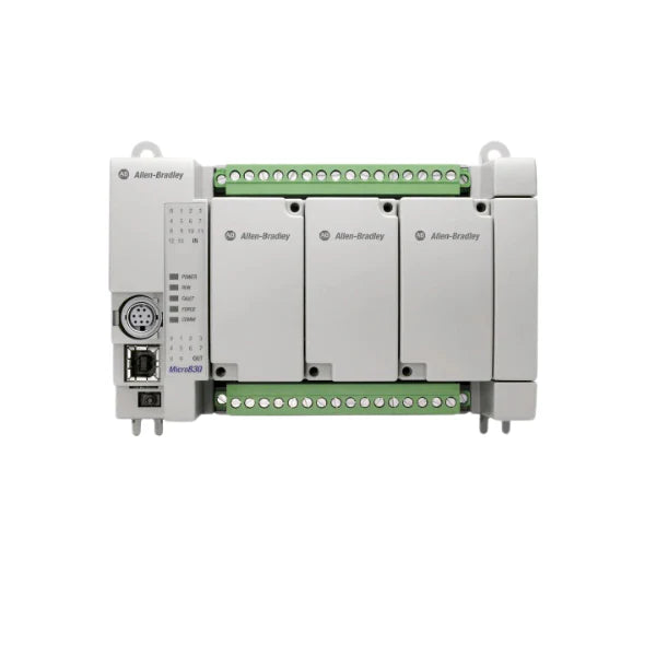 Front view of Allen-Bradley 2080-LC30-24QWB Micro830 PLC showing Ethernet and USB ports