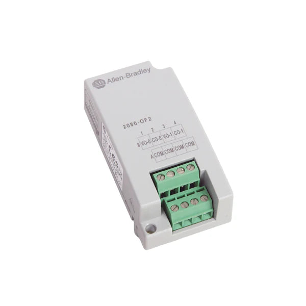 2080-OF2 Analog Output Module with dual channels for Micro800 controllers, offering 0-20 mA and 0-10 V outputs.