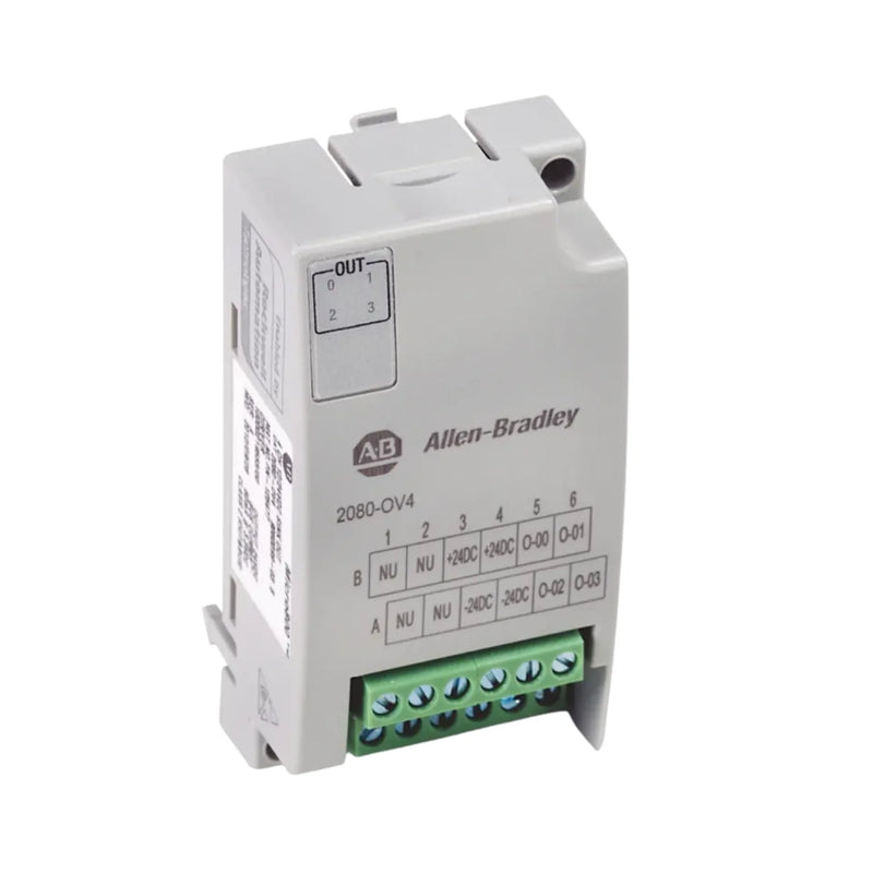 Allen-Bradley 2080-OV4 digital output module, 4-point, 12/24VDC sink type, designed for Micro800 controllers